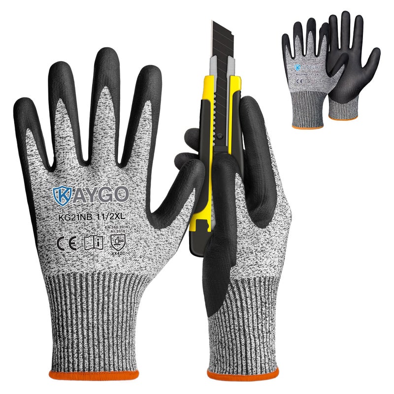 KAYGO 2 Pairs A3 Cut Resistant Gloves for Men and Women, ANSI Cut Level A3 Nitrile Micro-Foam Safety Gloves KG21NB, Durable, Ideal for Wood Carving, Glass Handling, Construction, Fishing, XXL, Grey - Image 1